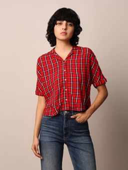 ONLY - Women Checked Viscose Regular Fit Red Shirt