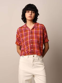 ONLY - Women Checked Viscose Regular Fit Orange Shirt