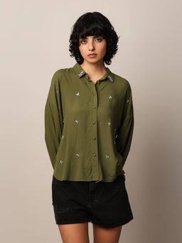 ONLY - Women Embellished Viscose Regular Fit Green Shirt