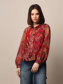 ONLY - Women Printed Relaxed Fit Maroon Shirt