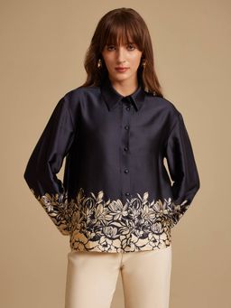 Kazo - Twiggy Navy Blue Floral Print Shirt