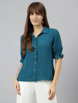 Latin Quarters - Women Teal Half Sleeves Spread Collar Solid Shirt