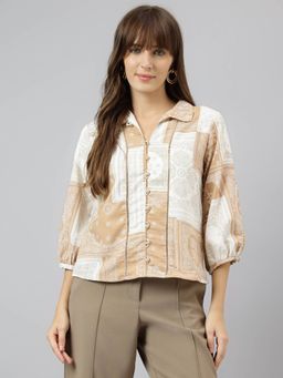 Latin Quarters - Women Beige 3/4 Sleeves Spread Collar Printed Shirt