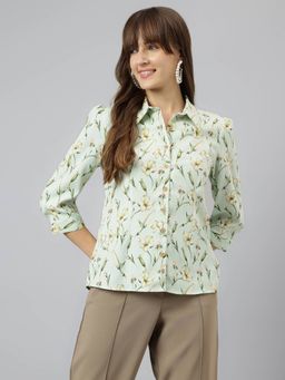 Latin Quarters - Women Green 3/4 Sleeves Spread Collar Floral Shirt