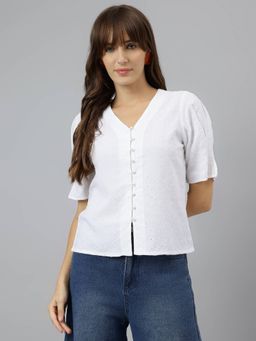 Latin Quarters - Women White Half Sleeves V Neck Solid Shirt