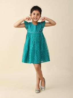Fabindia - Teal Cotton Silk Blend Cutwork Dress
