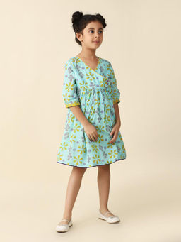 Fabindia - Light Blue Cotton Printed Dress