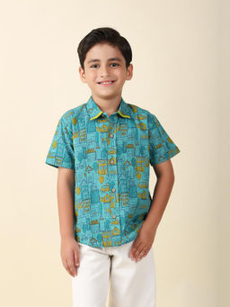 Fabindia - Teal Cotton Blend Printed Shirt