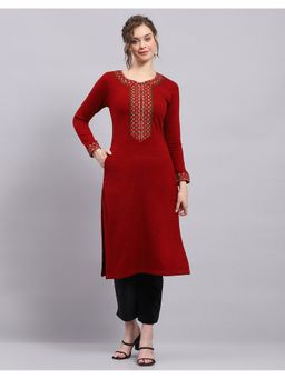 Monte Carlo - Women Printed Maroon Round Neck Full Sleeve Kurti