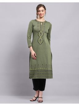 Monte Carlo - Women Self Design Green Round Neck Three Fourth Sleeve Kurti