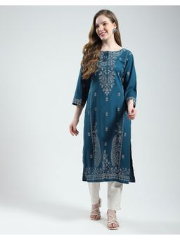 Monte Carlo - Women Printed Round Neck Blue Kurti
