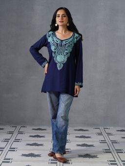 Kashmir Box - Aari Embroidered Navy Blue Round Neck Rayon Tunic