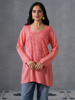 Kashmir Box - Aari Embroidered Pink Floral V Neck Rayon Tunic
