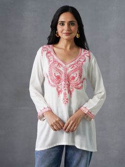 Kashmir Box - Aari Embroidered White Red Floral V Neck Rayon Tunic