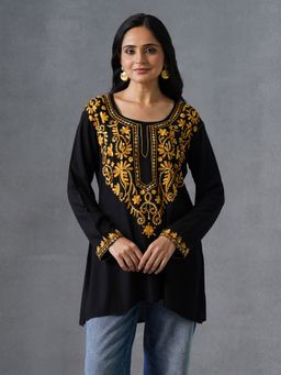 Kashmir Box - Aari Embroidered Black Yellow Floral V Neck Rayon Tunic