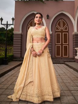 Odette - Beige Designer Embroidered Semi Stitched Lehenga With Unstitched Blouse (Set of 3)