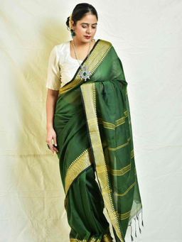 Sundarii - Green Mehndi Cotton Saree with Unstitched Blouse