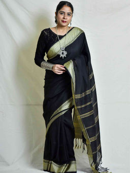 Sundarii - Black Siyaahi Cotton Saree with Woven Border with Unstitched Blouse