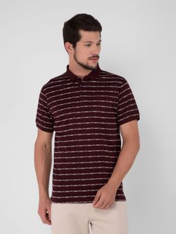 CRIMSOUNE CLUB - Men Wine Striped Polo T-Shirt