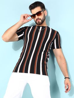 CRIMSOUNE CLUB - Men Black Vertical Striped T-Shirt