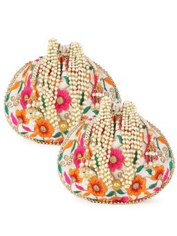 Anekaant - Dangle Cream & Multi-Color Floral Embroidered Faux Silk Potlis Combo (Pack Of 2)