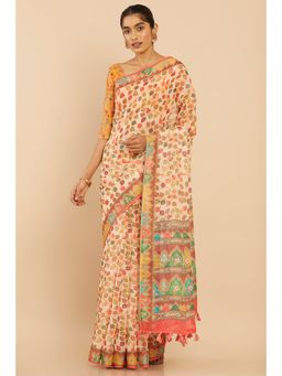 Soch - Women Beige Linen Saree with Unstitched Blouse