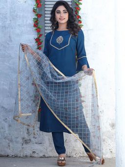 Jaipur Kurti - Women Teal & Light Blue Viscose Musline Kurta With Pant & Net Dupatta (set Of 3)