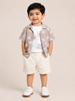 Bloom Up - Beige Palm Print Shirt-T-shirt and Shorts For Boys