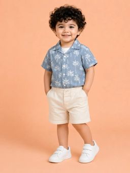 Bloom Up - Blue Palm Print Shirt-T-shirt and Shorts Set