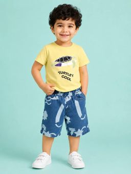Bloom Up - Yellow Turtley Cool T-shirt and Printed Denim Shorts for Boys