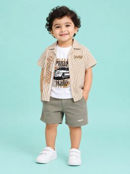 Bloom Up - Beige Striped Shirt and T-shirt with Shorts For Boys