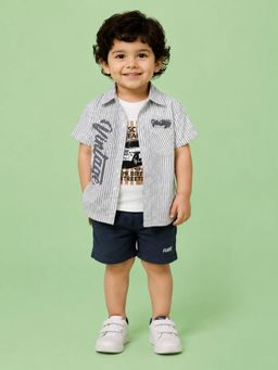Bloom Up - Grey Striped Shirt with T-shirt and Shorts For Boys
