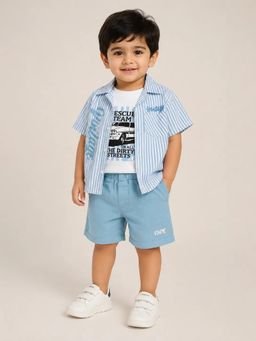 Bloom Up - Blue Striped Shirt with T-shirt and Shorts For Boys