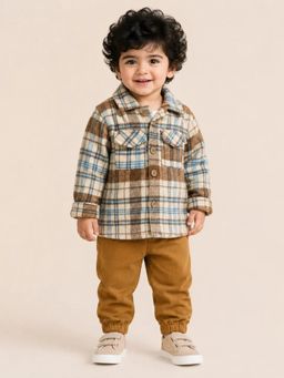Bloom Up - Brown Plaid Check Shacket and Jogger for Kids