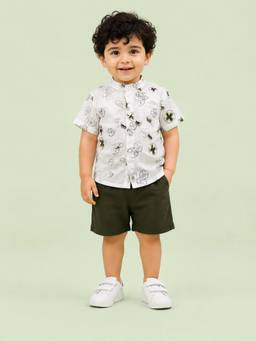 Bloom Up - White Printed Shirt and Olive Green Shorts