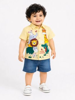 Bloom Up - Yellow Zoo Print Shirt and Denim Shorts for Boys
