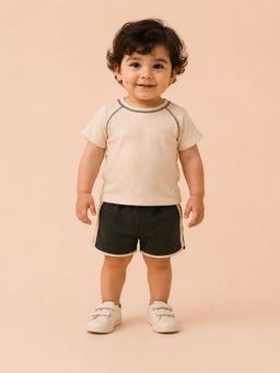 Bloom Up - Cream Raglan T-shirt and Olive Shorts for Boys