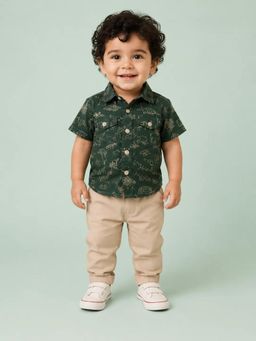 Bloom Up - Forest Green Print Shirt and Pants For Boys