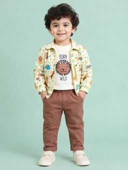 Bloom Up - Cream Safari Print Graphic Jacket- T-shirt and Pant