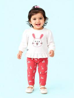 Bloom Up - White Bunny Graphic Peplum Top and Red Leggings