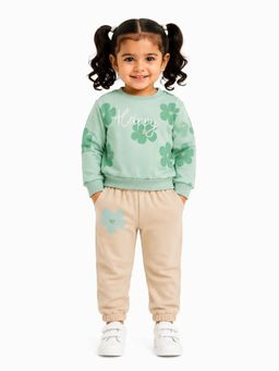 Bloom Up - Mint Green Happy Floral Sweatshirt and Beige Jogger