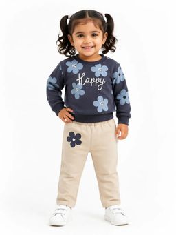 Bloom Up - Navy Blue Floral Happy Print Sweatshirt and Beige Pant