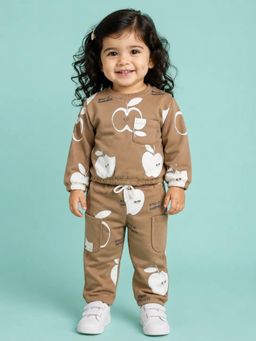 Bloom Up - Camel Brown Apple Print Co-ord Set for Girls