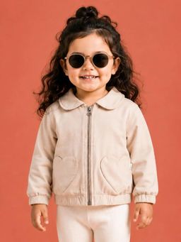 Bloom Up - Beige Heart Pocket Zip-Up Jacket for Girls