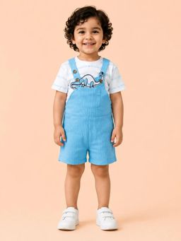 Bloom Up - Sky Blue Dinosaur Cotton T-shirt and Dungaree