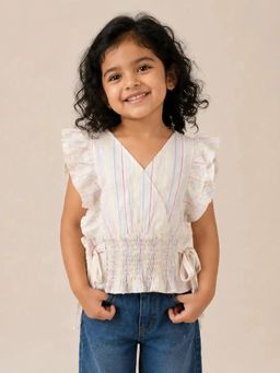 Bloom Up - Girls White Striped Flutter Sleeve Top