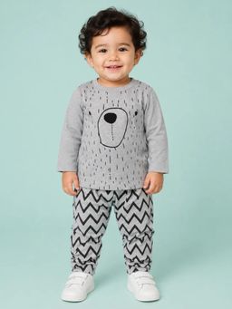 Bloom Up - Unisex Grey Bear Print Full Sleeve T-shirt and Pyjama
