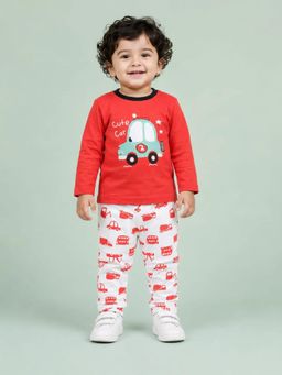 Bloom Up - Red Car Print Soft Cotton Full Sleeve T-shirt and Pyjama