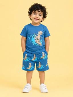 Bloom Up - Blue Dinosaur Print Cotton T-shirt and Shorts for Boys