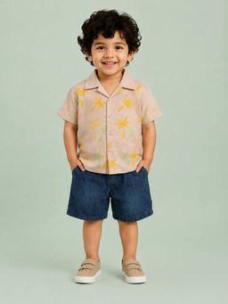Bloom Up - Beige Palm Tree Print Shirt and Denim Shorts for Boys